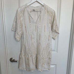 Boho Chic! Embellished Cream Short-Sleeve Women's Tunic with intricate detail.